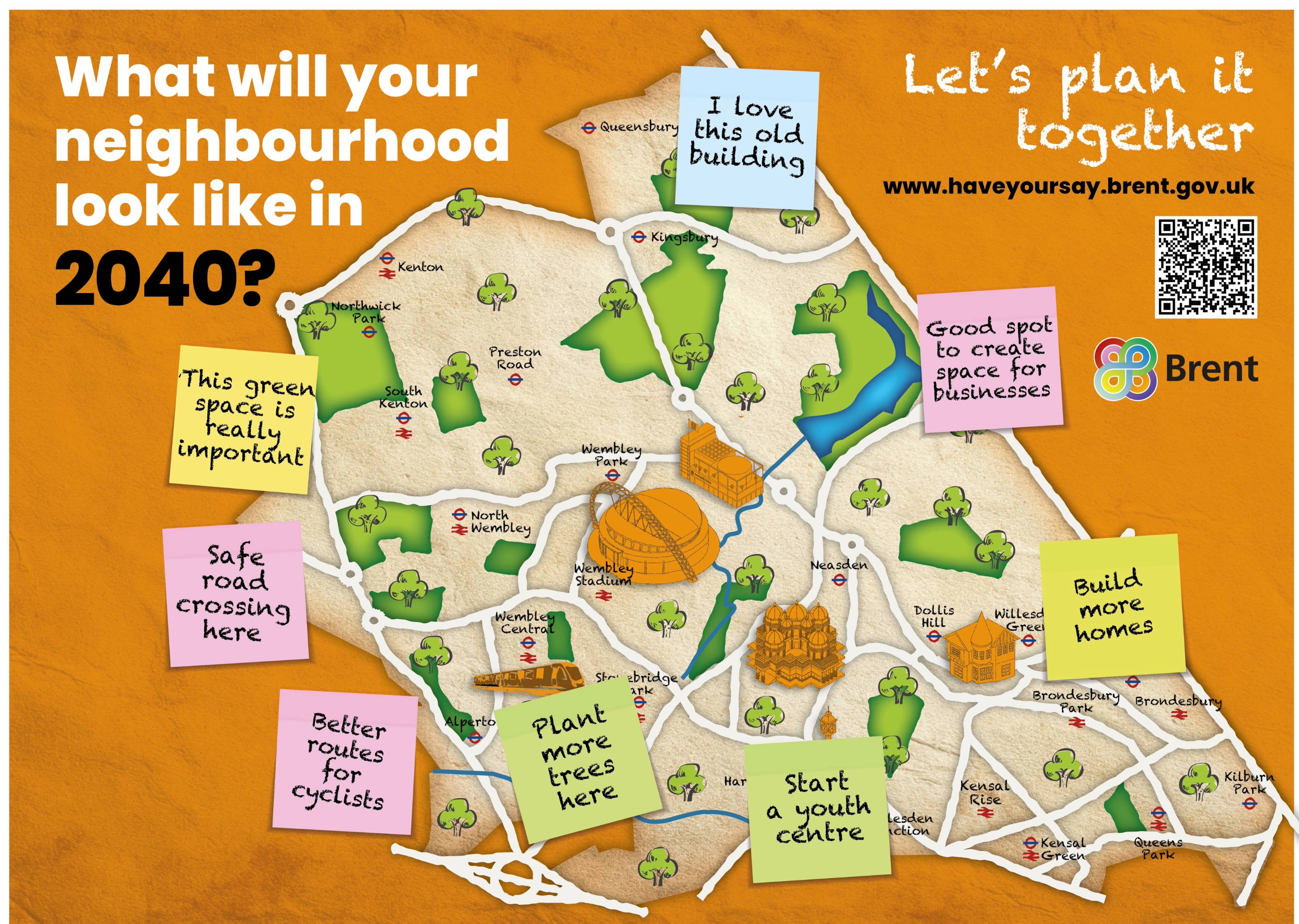 Map of Brent borough with text asking 'What will your neighbourhood look like in 2040?' 'Let's plan it together'