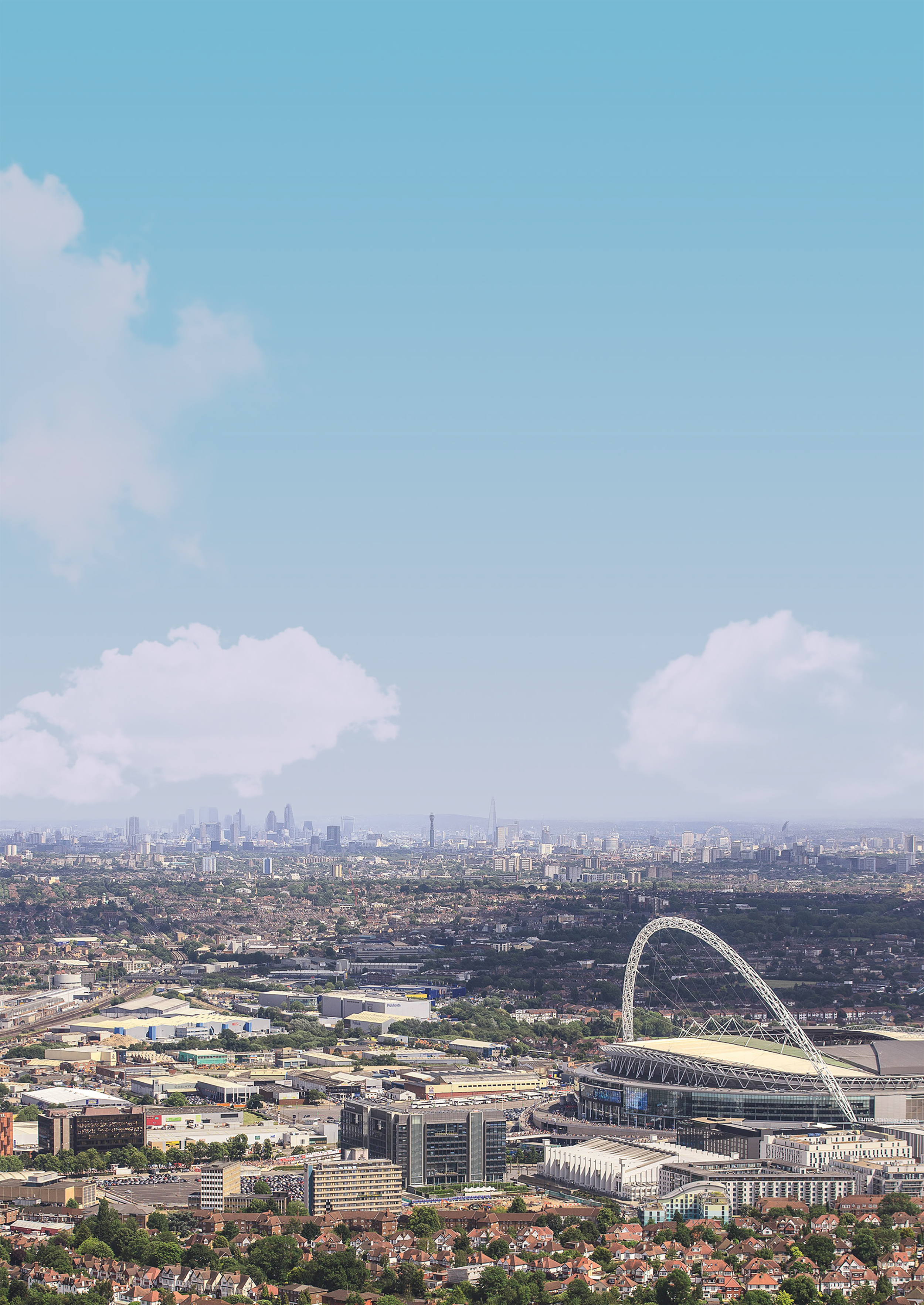 View of Brent skyline over Wembley Park with Wembley Stadium arch on the right hand side
