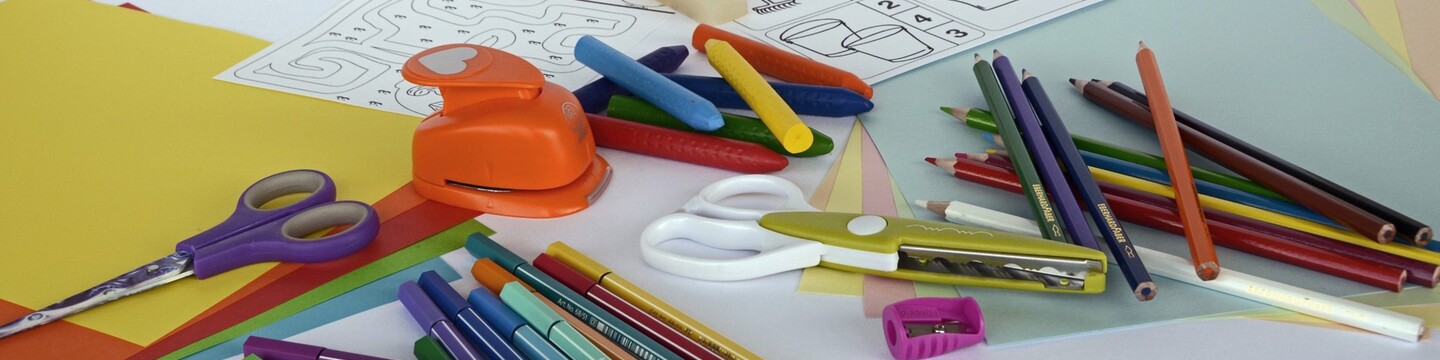 A picture of classroom stationery items.