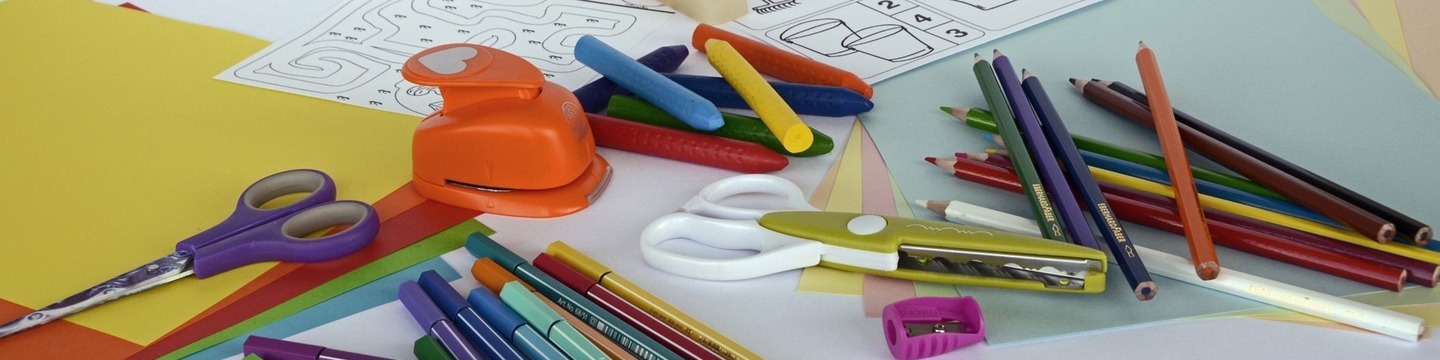 A picture of classroom stationery items.